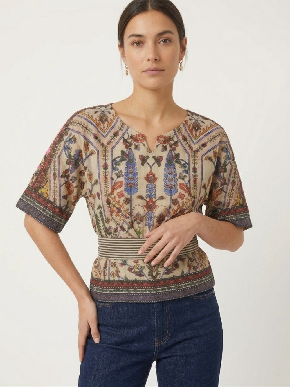 Anthropologie Vineet Bahl Embroidered Tapestry Print Peasant Blouse Top M